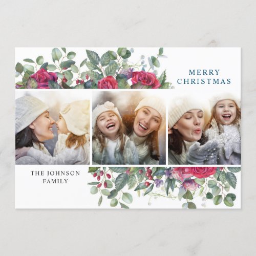 Elegant Christmas Winter Flowers 3 Photo Greeting Holiday Card