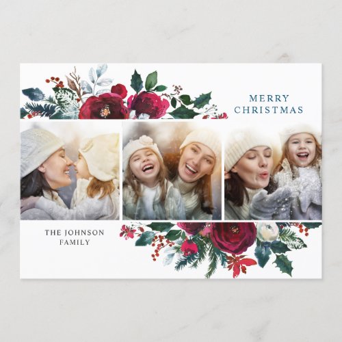 Elegant Christmas Winter Flowers 3 Photo Greeting Holiday Card