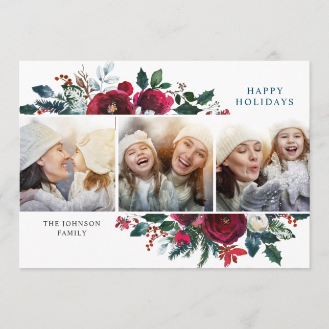 Elegant Christmas Winter Flowers 3 Photo Greeting Holiday Card (Front)