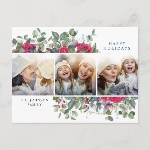 Elegant Christmas Winter Flowers 3 Photo Greeting Postcard