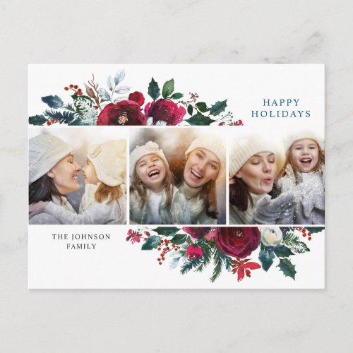 Elegant Christmas Winter Flowers 3 Photo Greeting Postcard