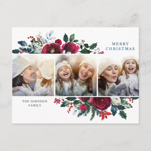 Elegant Christmas Winter Flowers 3 Photo Greeting Postcard