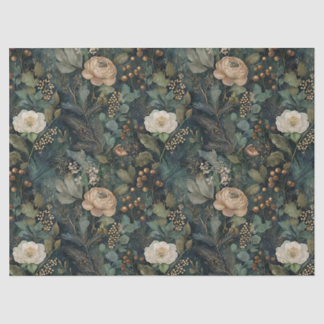 Elegant Christmas Winter Green and Cream Floral Tissue Paper (Front)