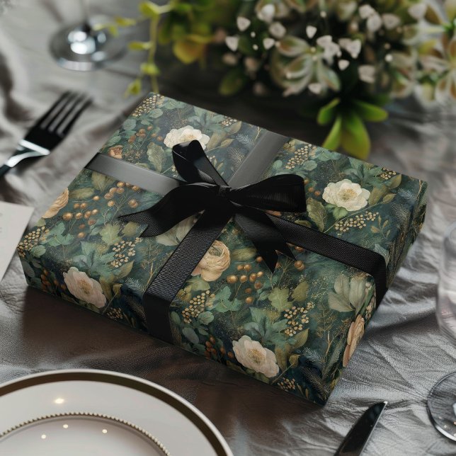 Elegant Christmas Winter Green and Cream Floral Wrapping Paper Sheets (Creator Uploaded)