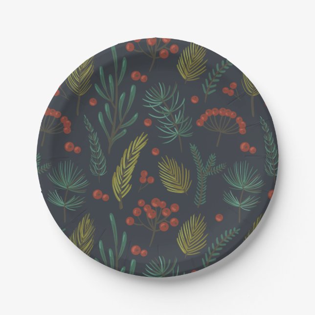 Elegant Christmas Winter Greenery Botanical  Paper Plates (Front)