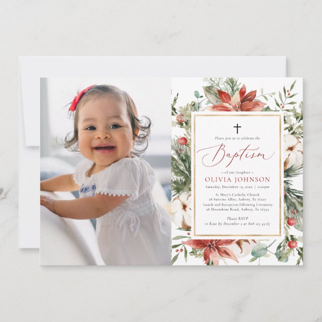 Elegant Christmas Winter Photo Baptism Invitation (Front)