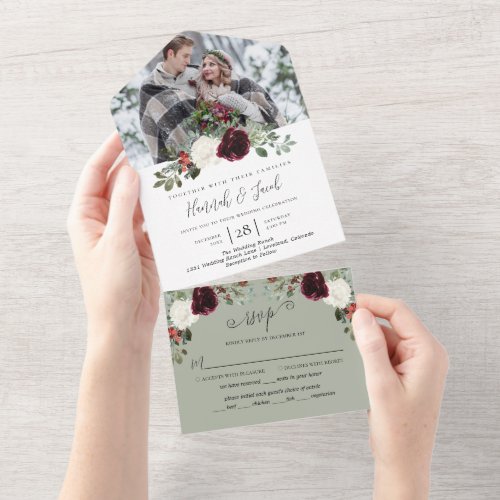 Elegant Christmas Winter Photo Wedding All In One Invitation