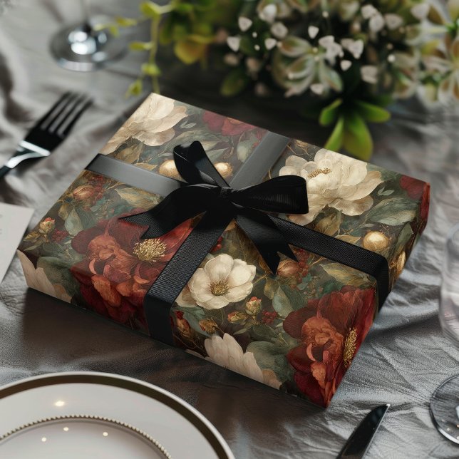 Elegant Christmas Winter Red and Cream Floral Wrapping Paper Sheets (Creator Uploaded)