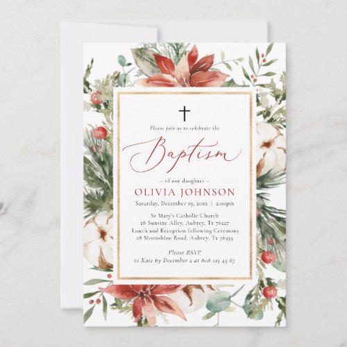 Elegant Christmas Winter Red Baptism Invitation