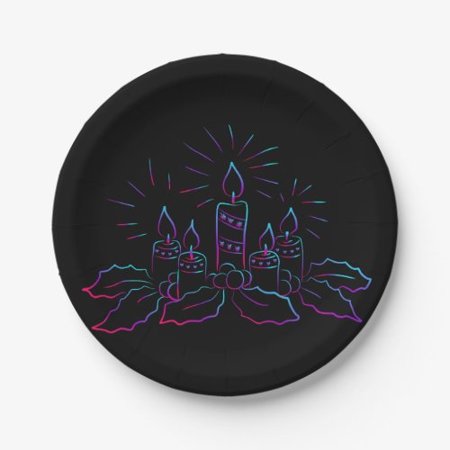 Elegant Christmas wreath and candles neon black Paper Plates