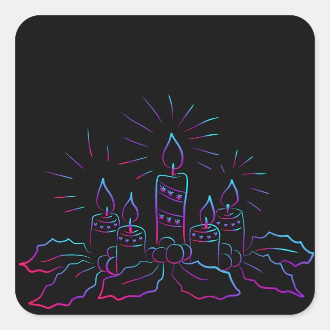 Elegant Christmas wreath and candles neon black Square Sticker (Front)