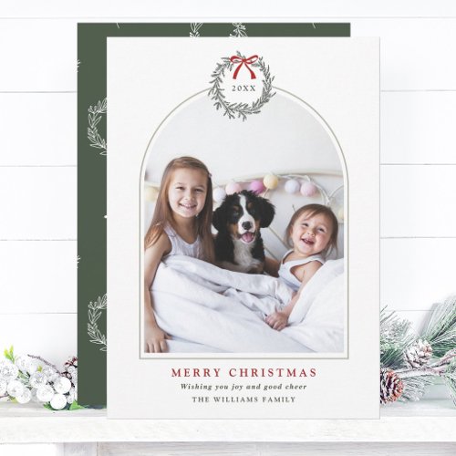 Elegant Christmas Wreath Arched Family Photo Holiday Card