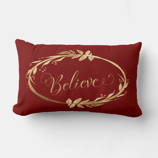 Elegant Christmas Wreath Believe Gold Burgundy Lumbar Pillow (Front)