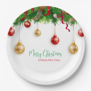 Elegant Christmas Wreath Boarder with Ornaments Paper Plates