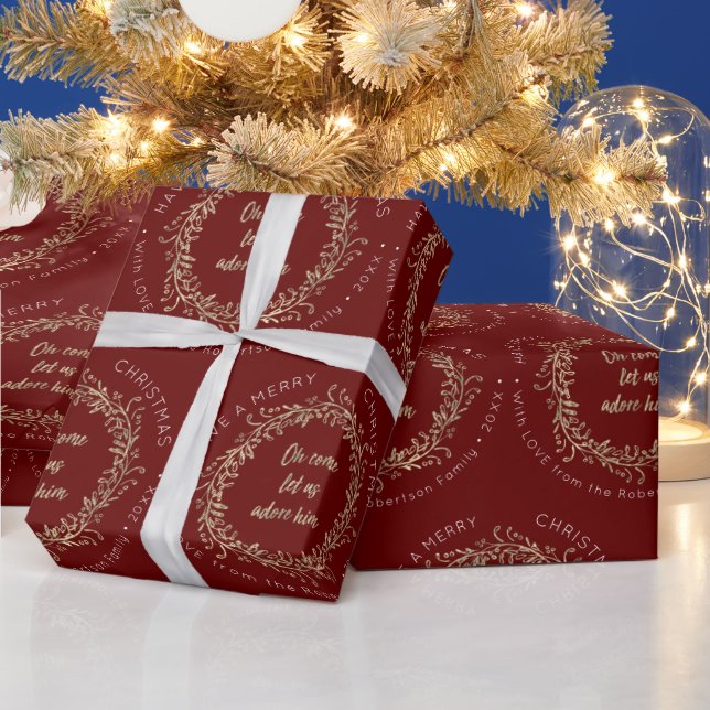 Elegant Christmas Wreath Come Adore Him Red Gold Wrapping Paper (Holidays)
