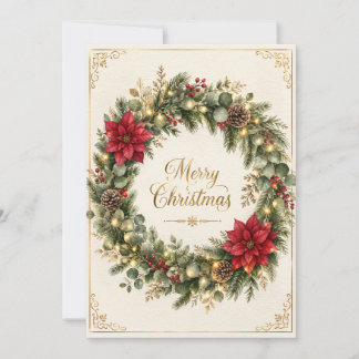 Elegant Christmas Wreath Gold Foil Watercolor Holi Holiday Card