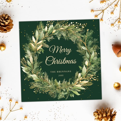 Elegant Christmas Wreath Green Botanical Greenery Holiday Card