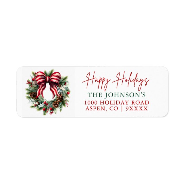 Elegant Christmas Wreath Happy Holidays Return Label (Front)