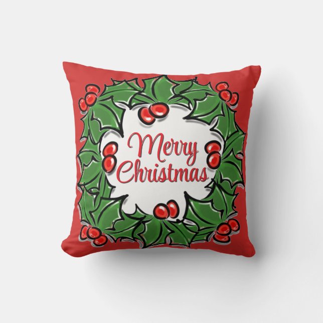 Elegant Christmas wreath holly personalize    Throw Pillow (Front)