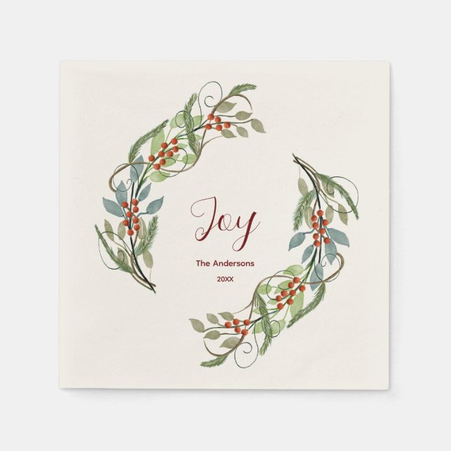 Elegant Christmas Wreath Joy Personalized Name Napkins (Front)