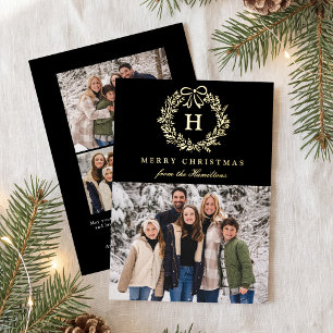 Elegant Christmas Wreath Monogram Black Photo Foil Holiday Card