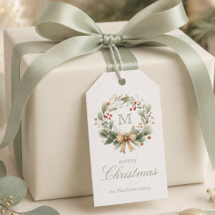 Elegant Christmas Wreath Monogram Gift Tags