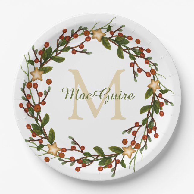 Elegant Christmas Wreath Monogram Initial Paper Plates (Front)