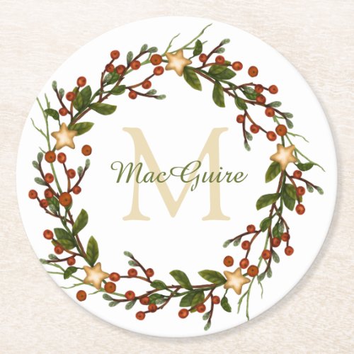 Elegant Christmas Wreath Monogram Initial Round Paper Coaster