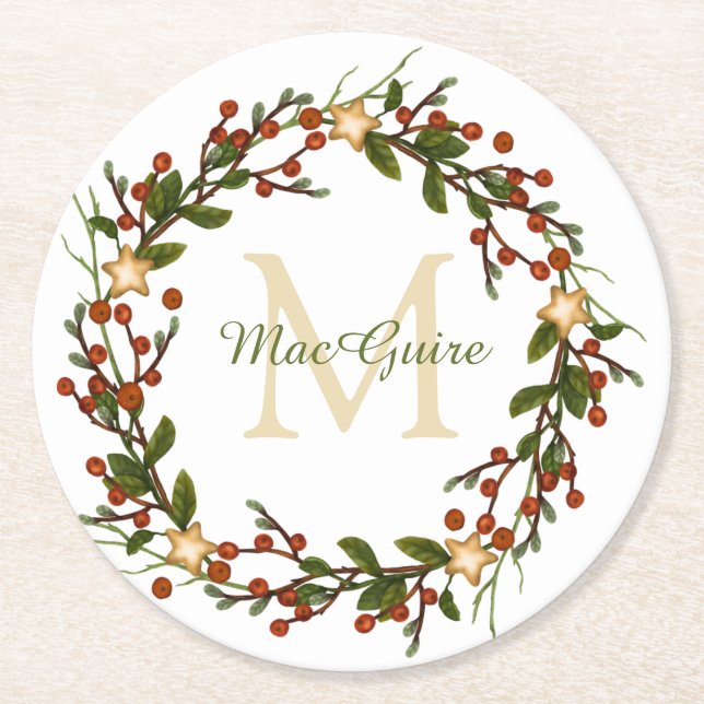 Elegant Christmas Wreath Monogram Initial Round Paper Coaster (Front)
