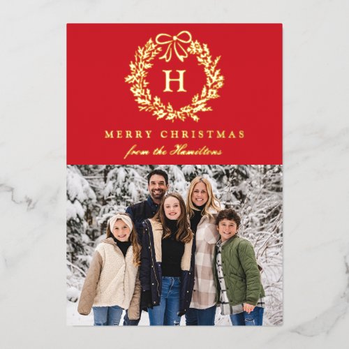 Elegant Christmas Wreath Monogram Red 4 Photo Foil Holiday Card