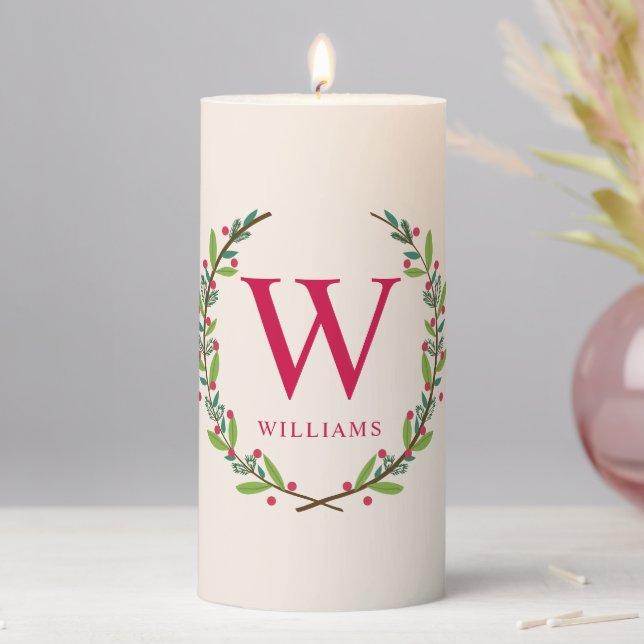 Elegant Christmas Wreath Monogrammed Pillar Candle (In Situ)
