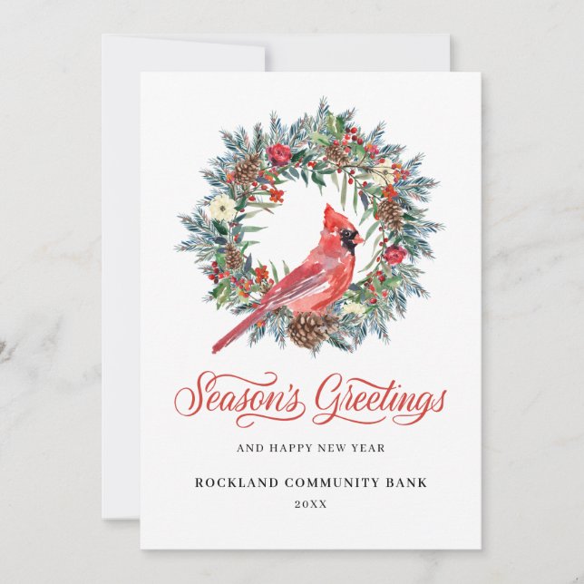 Elegant Christmas Wreath Red Cardinal Corporate Holiday Card (Front)