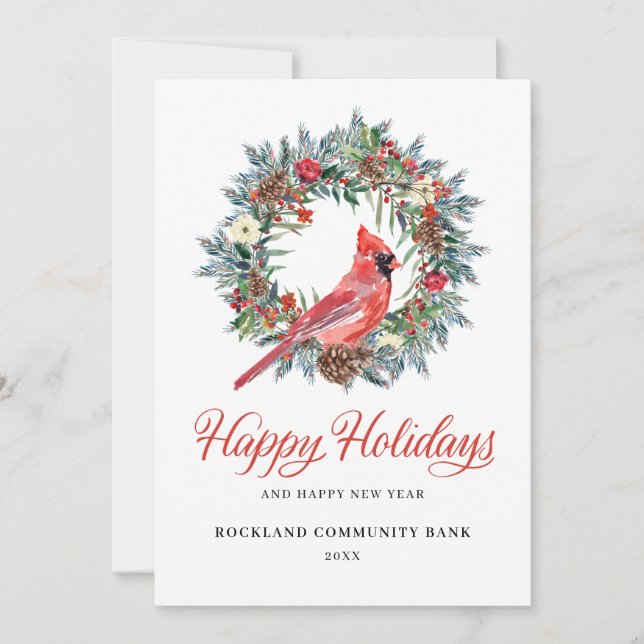 Elegant Christmas Wreath Red Cardinal Corporate Holiday Card (Front)