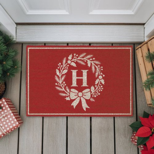 Elegant Christmas Wreath Red Monogram Fiber Doormat