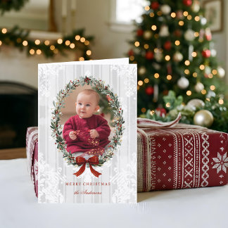 Elegant Christmas Wreath w/Burgandy Bow Photo Holiday Card