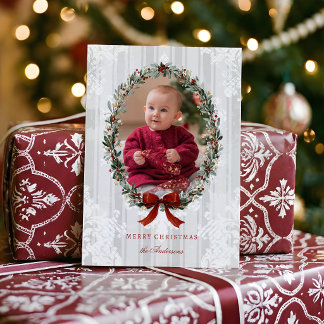 Elegant Christmas Wreath w/Burgandy Bow Photo Holiday Card