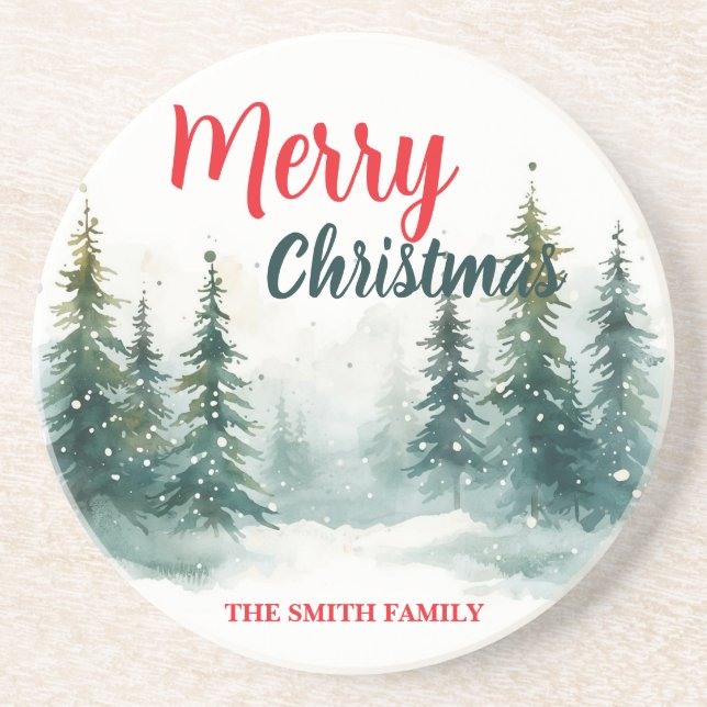 Elegant Christmas Xmas winter pine tree forest Hol Coaster (Front)