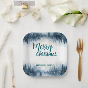 Elegant Christmas Xmas winter pine tree forest Hol Paper Plates