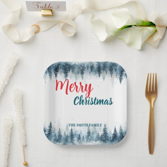 Elegant Christmas Xmas winter pine tree forest Hol Paper Plates (Wedding)