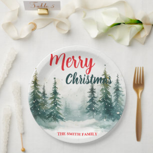 Elegant Christmas Xmas winter pine tree forest Hol Paper Plates
