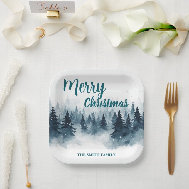Elegant Christmas Xmas winter pine tree forest Hol Paper Plates (Wedding)