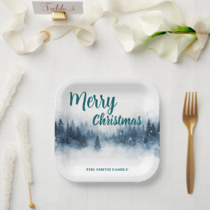 Elegant Christmas Xmas winter pine tree forest Hol Paper Plates