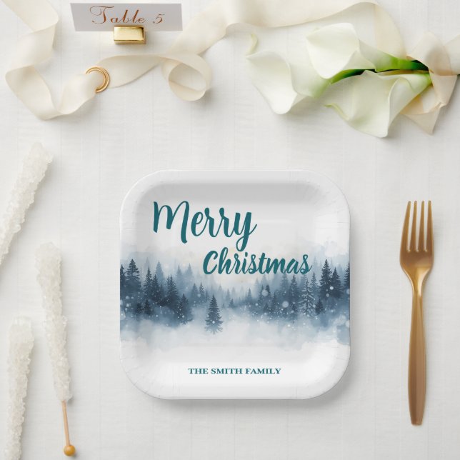 Elegant Christmas Xmas winter pine tree forest Hol Paper Plates (Wedding)