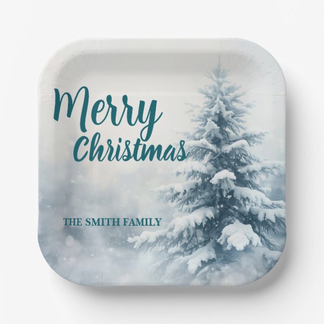 Elegant Christmas Xmas winter pine tree forest Hol Paper Plates (Front)