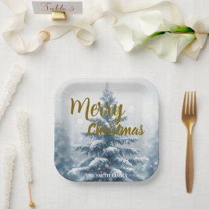 Elegant Christmas Xmas winter pine tree forest Paper Plates