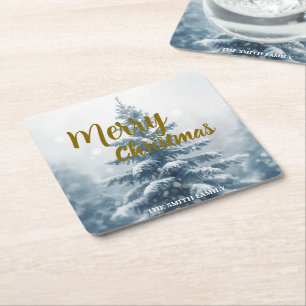 Elegant Christmas Xmas winter pine tree forest Square Paper Coaster