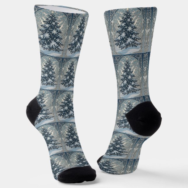 Elegant Christmas Yule Tree Snowflakes and Stars Socks (Angled)