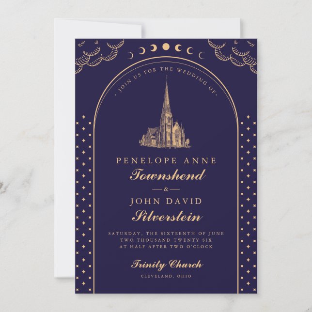 Elegant Church Purple Gold Art Deco Wedding Invitation (Front)