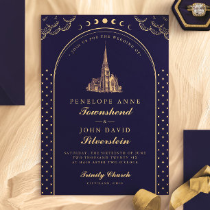 Elegant Church Purple Gold Art Deco Wedding Invitation