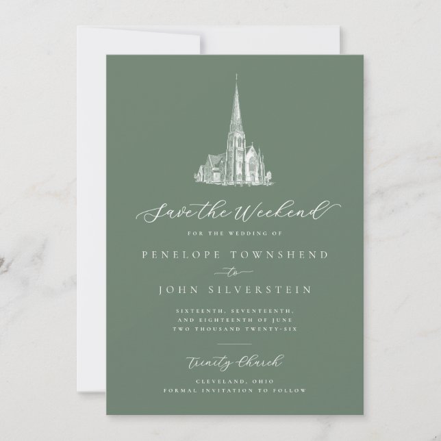Elegant Church Save the Weekend Sage Green Wedding Save The Date (Front)